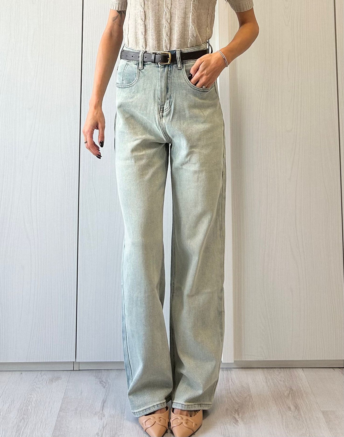 Jeans Wide Leg Chiaro con Cintura Inclusa - 80% Cotone, 20% Poliestere | Leri Bì